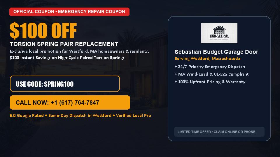 $100 OFF Dual High-Cycle Torsion Spring Replacement in Westford, MA - Sebastian Budget Garage Door