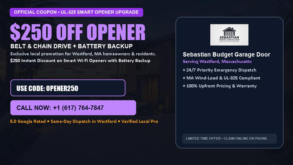$250 OFF Smart Wi-Fi Garage Door Opener Installation in Westford, MA - Sebastian Budget Garage Door